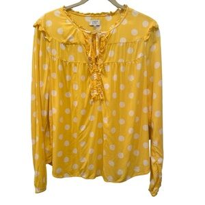 Women’s Top Polka Dots Yellow White Blouse Ruffles Feminine Flowy Sz L